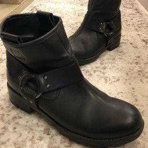 Frye inspired black buckle ankle combat boots